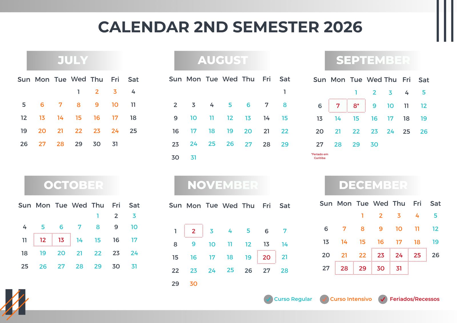 Calendário 2º Semestre 2026